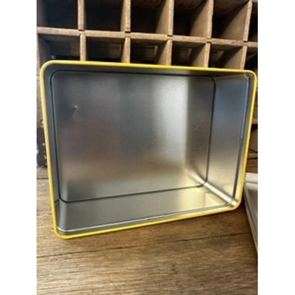 Burt's Bees Empty Yellow Metal Storage Tin Collectible Damask Pattern Lid